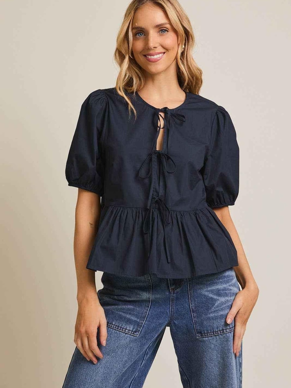 Gilli Navy Puff-Sleeve Tie-Front Peplum Blouse